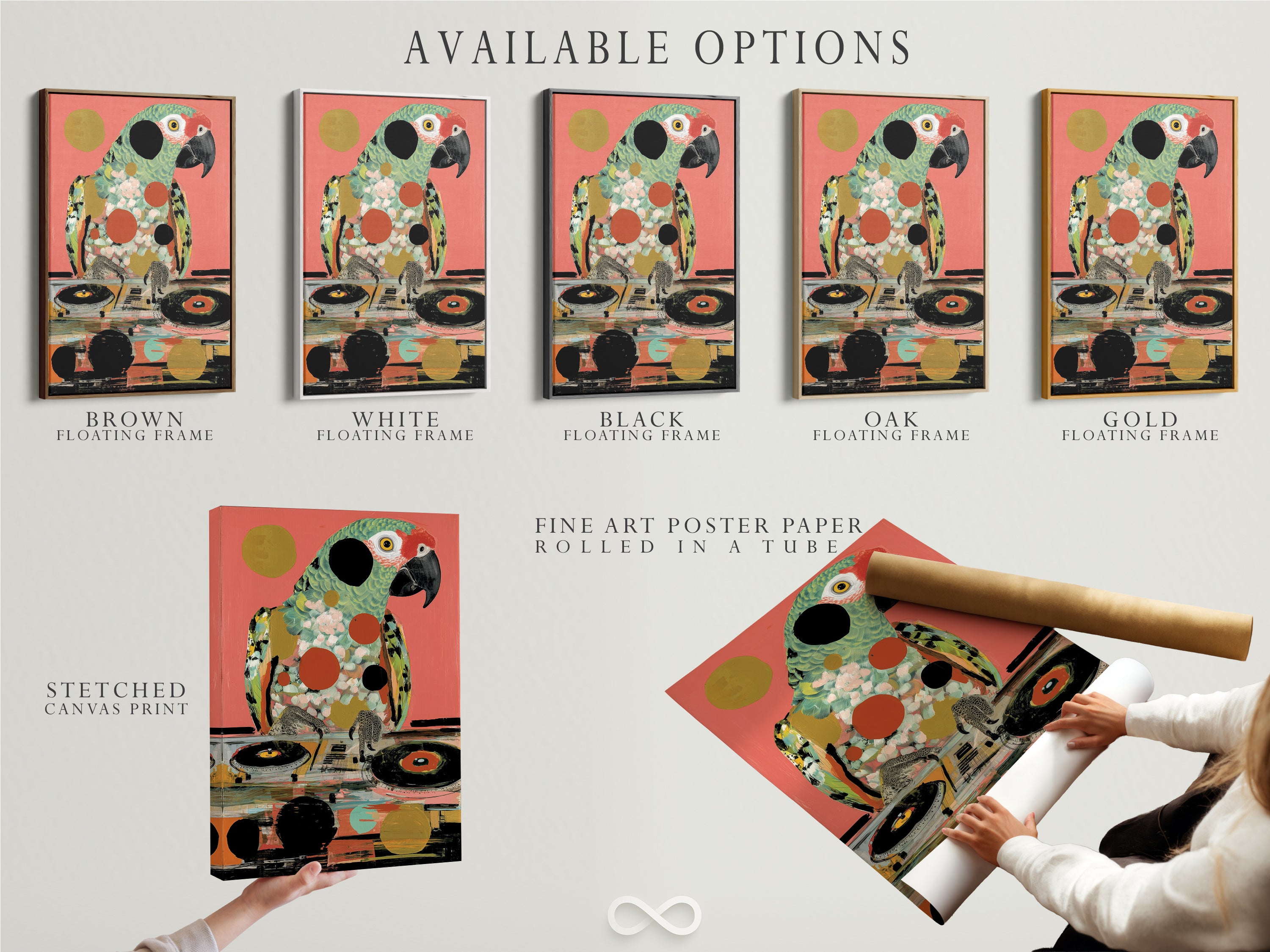Explore available options for the Parrot DJ art print. Choose from stretched canvas print fine art poster paper or floating frame. Customize your tropical bird art to match your style. Find the perfect music lover gift. Enjoy funky animal art.