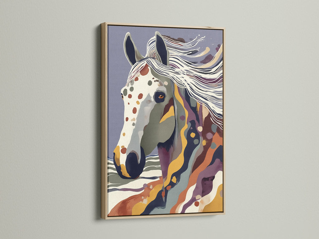 This abstract horse artwork is showcased in a beautiful oak frame. The natural wood complements the colorful art. The artwork is perfect for those seeking modern animal art. It brings warmth and character to minimalist farmhouse or eclectic interiors.
