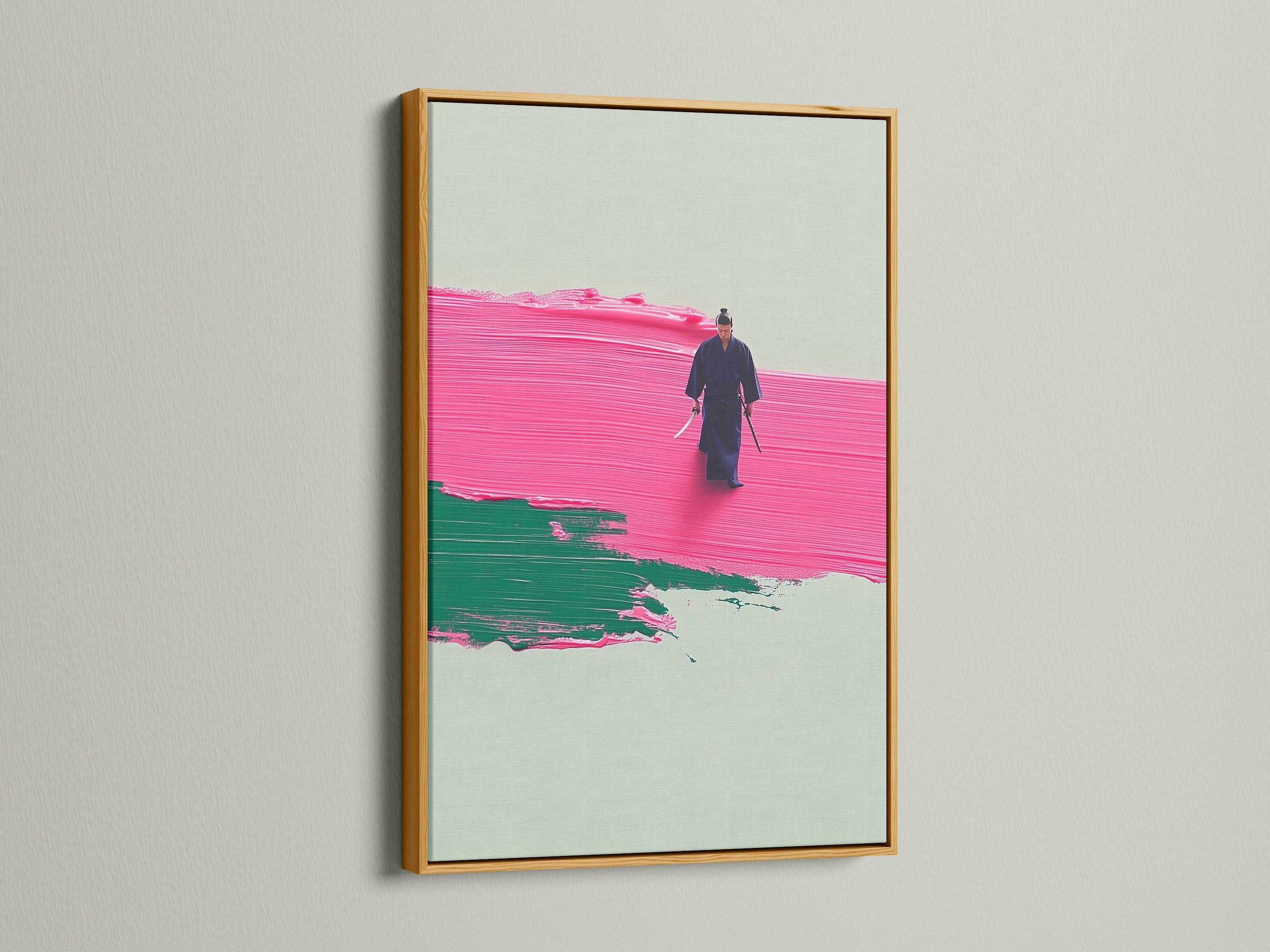 The Abstract Pink Samurai Canvas Artwork is featured in a gold frame. A gold frame brings a touch of elegance. It complements the contemporary art. Enhance your zen wall decor. Perfect for living rooms man caves and studios.