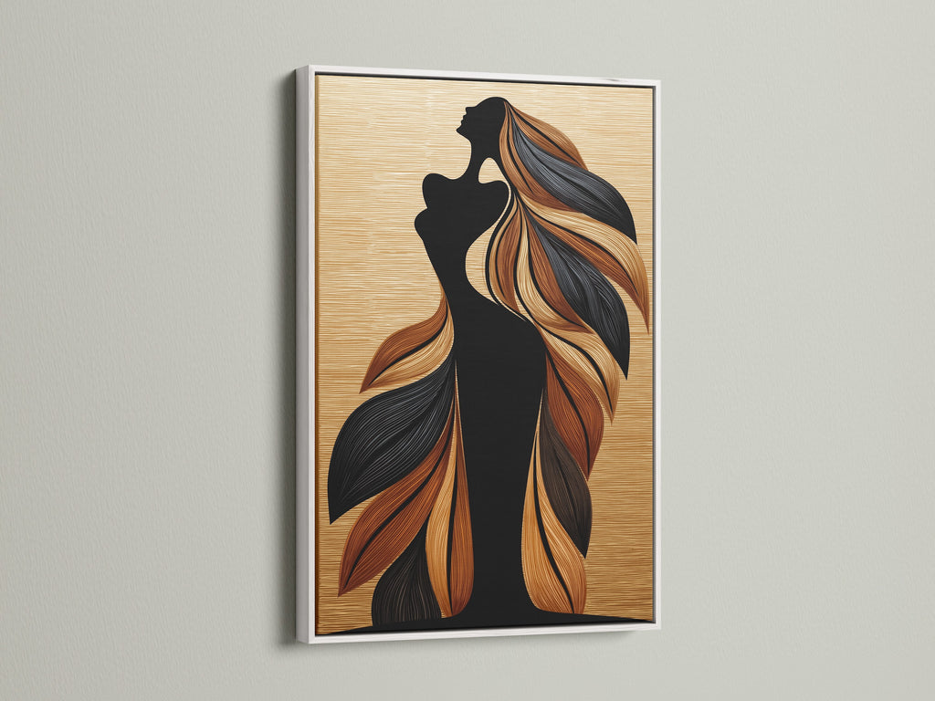 A white frame highlights the woman silhouette art print with flowing hair. This bohemian wall art piece is perfect for a serene bedroom. The white frame offers a clean and modern look. It brings a fresh and calming vibe to any space. This artwork is ideal for minimalist and contemporary settings.