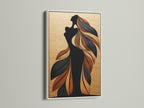 A white frame highlights the woman silhouette art print with flowing hair. This bohemian wall art piece is perfect for a serene bedroom. The white frame offers a clean and modern look. It brings a fresh and calming vibe to any space. This artwork is ideal for minimalist and contemporary settings.