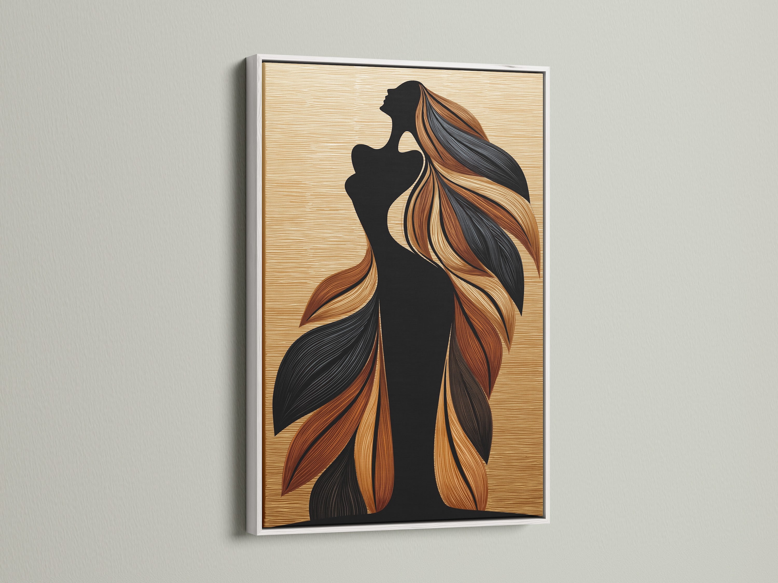A white frame highlights the woman silhouette art print with flowing hair. This bohemian wall art piece is perfect for a serene bedroom. The white frame offers a clean and modern look. It brings a fresh and calming vibe to any space. This artwork is ideal for minimalist and contemporary settings.