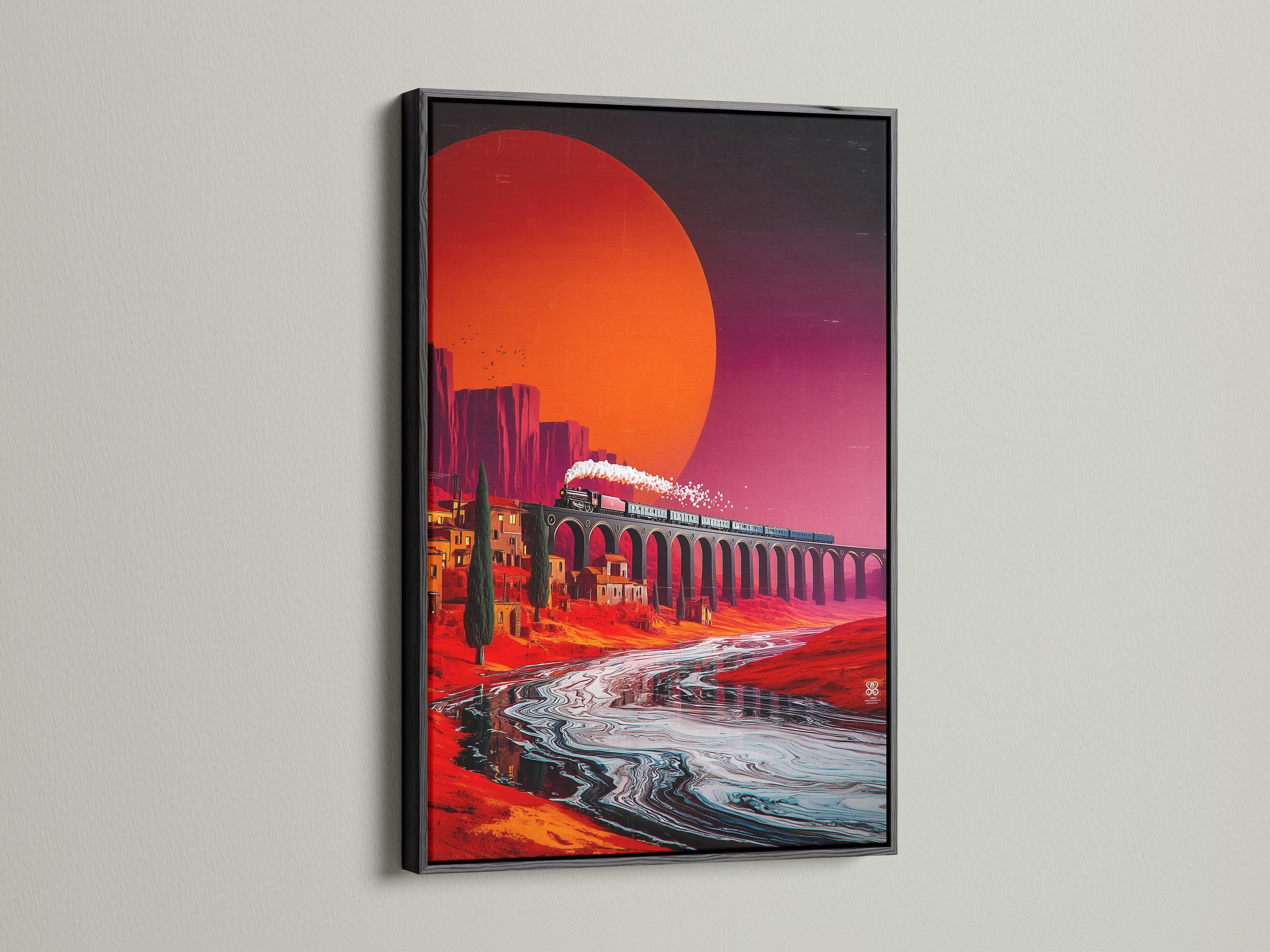 Displayed is the Train Over Bridge artwork within a black frame. This frame offers a sleek contrast to the Tuscany landscape canvas. Black frames showcase the sienna and teal wall art. The bridge print is perfect for modern spaces.