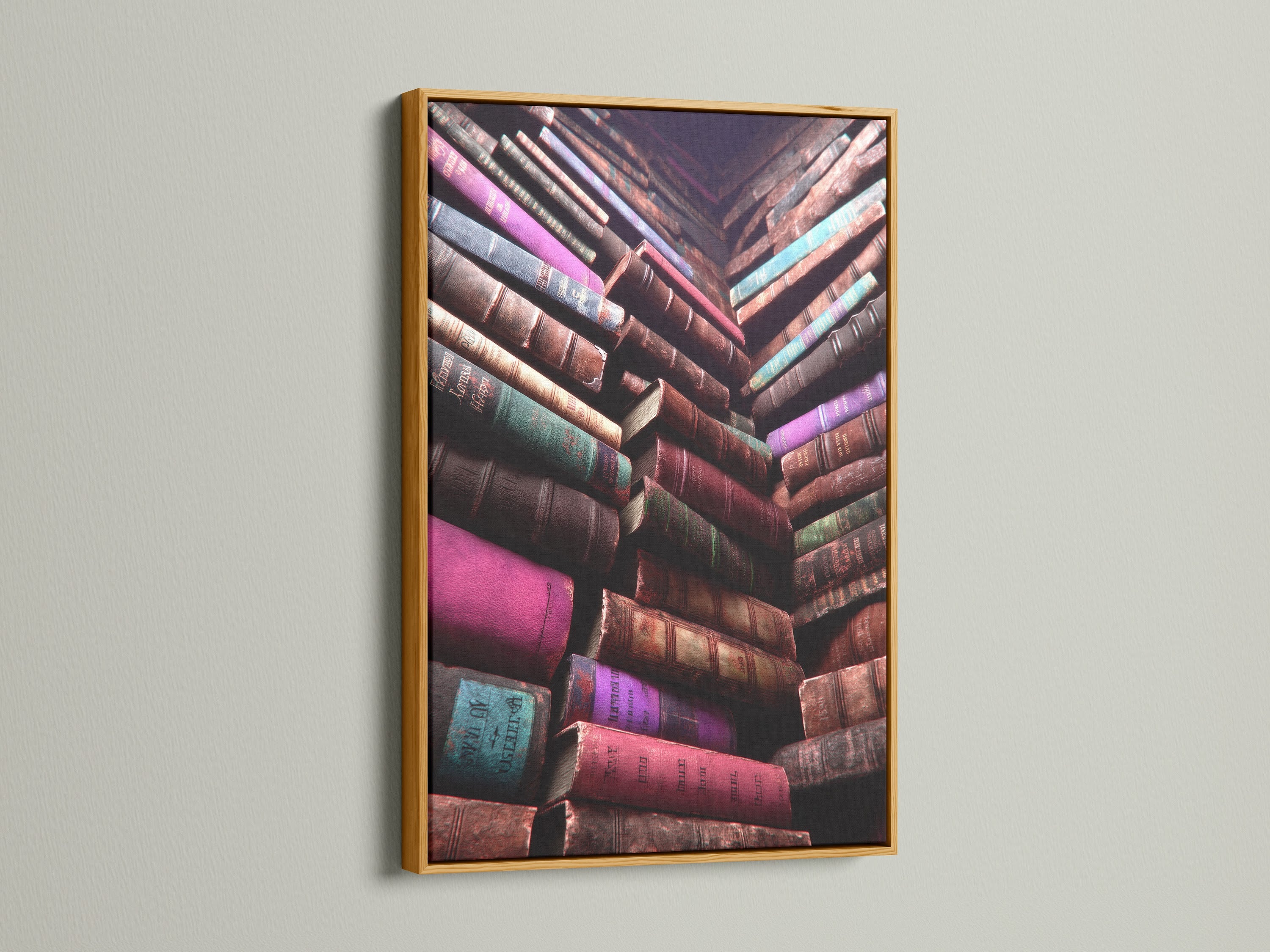 Vintage Books Canvas Artwork with a gold frame. It is a great choice for traditional and academic spaces. The antique decor look is perfect for a study room. It is a great gift for book lovers. This library print is ideal for reading nooks.