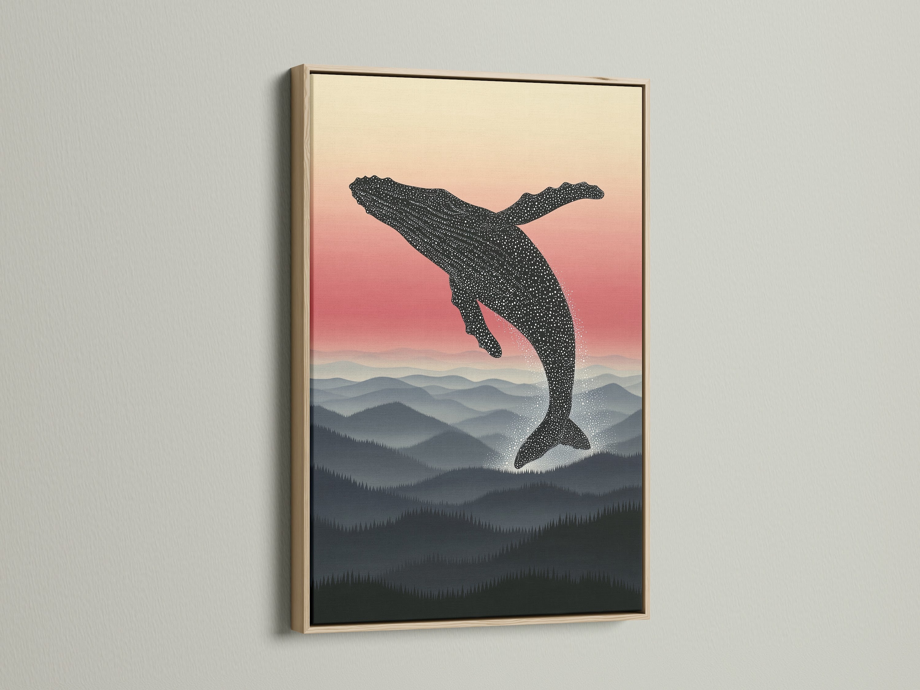 This is an oak frame on a whale artwork. It's a mountain landscape wall art piece. The minimalist nature poster is perfect for bedroom decor. The frame enhances the minimalist art and ocean wall art.
