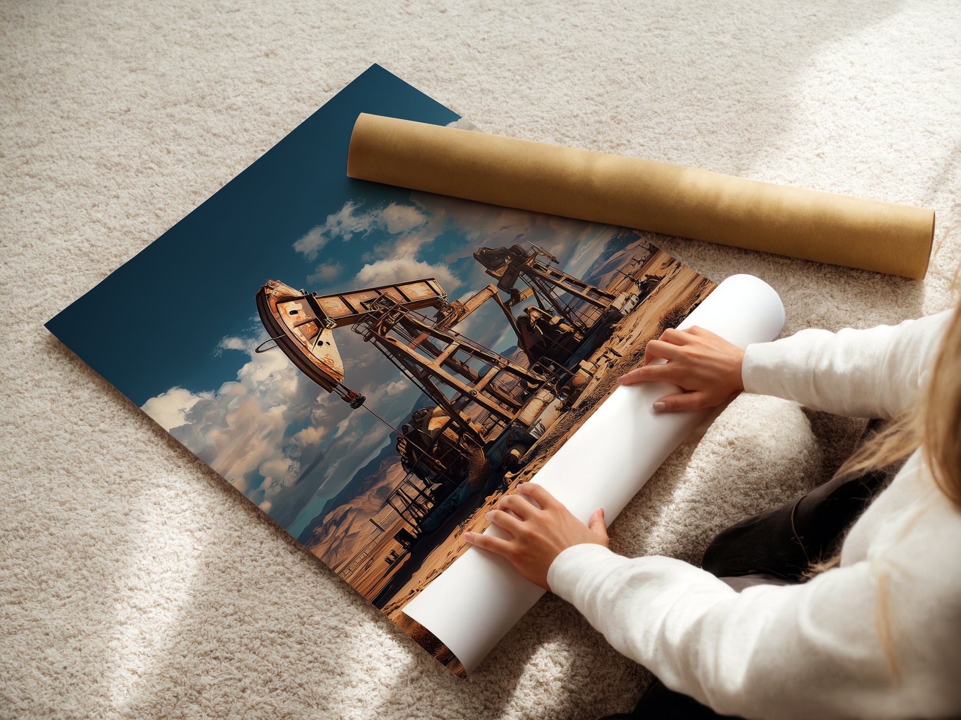 A woman carefully rolls fine art poster paper. The poster paper looks delicate. It is being handled with care. This ensures it remains pristine. Quality materials are essential. They will preserve the artwork's integrity. Get your artwork professionally prepared.