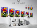 A size comparison chart is showcased in an interior setting. This chart helps visualize different artwork sizes. It allows customers to choose the perfect dimensions. It ensures the art complements their space.