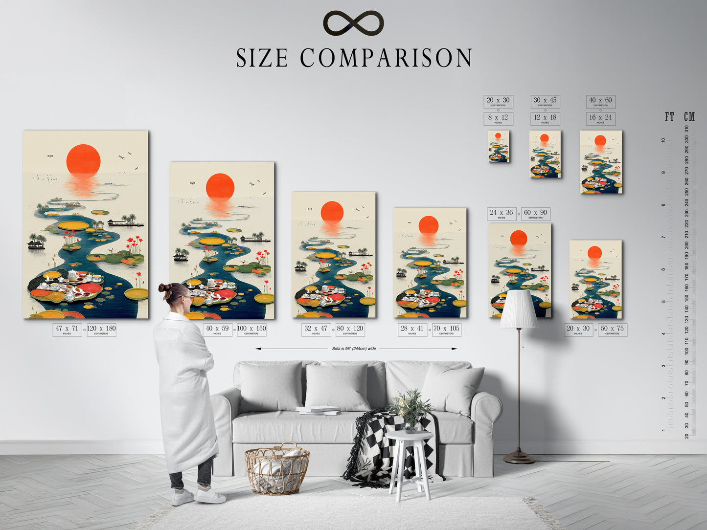 Size comparison chart in an interior setting featuring the Asian Tea Ceremony artwork. This chart helps you visualize how the artwork will fit in your space. The oriental wall art showcases a serene lotus pond. Perfect for homeowners renters and interior designers. Choose the ideal size for your home or business.