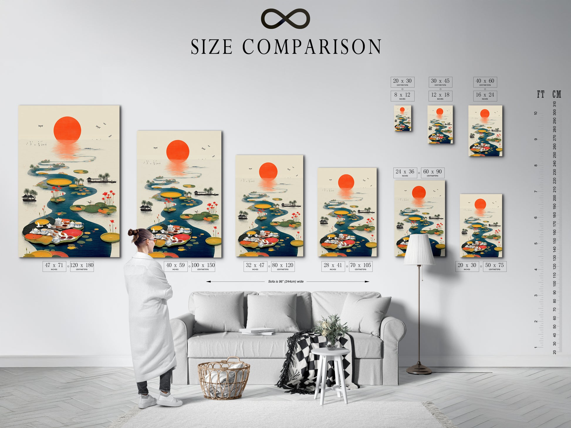 Size comparison chart in an interior setting featuring the Asian Tea Ceremony artwork. This chart helps you visualize how the artwork will fit in your space. The oriental wall art showcases a serene lotus pond. Perfect for homeowners renters and interior designers. Choose the ideal size for your home or business.