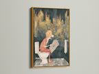 Funny Dog Canvas Print in a gold frame. This unique artwork features a dog reading a newspaper. It is a fun and quirky piece of restroom decor. It adds a touch of humor and sophistication with its gold frame. Perfect for eclectic spaces.