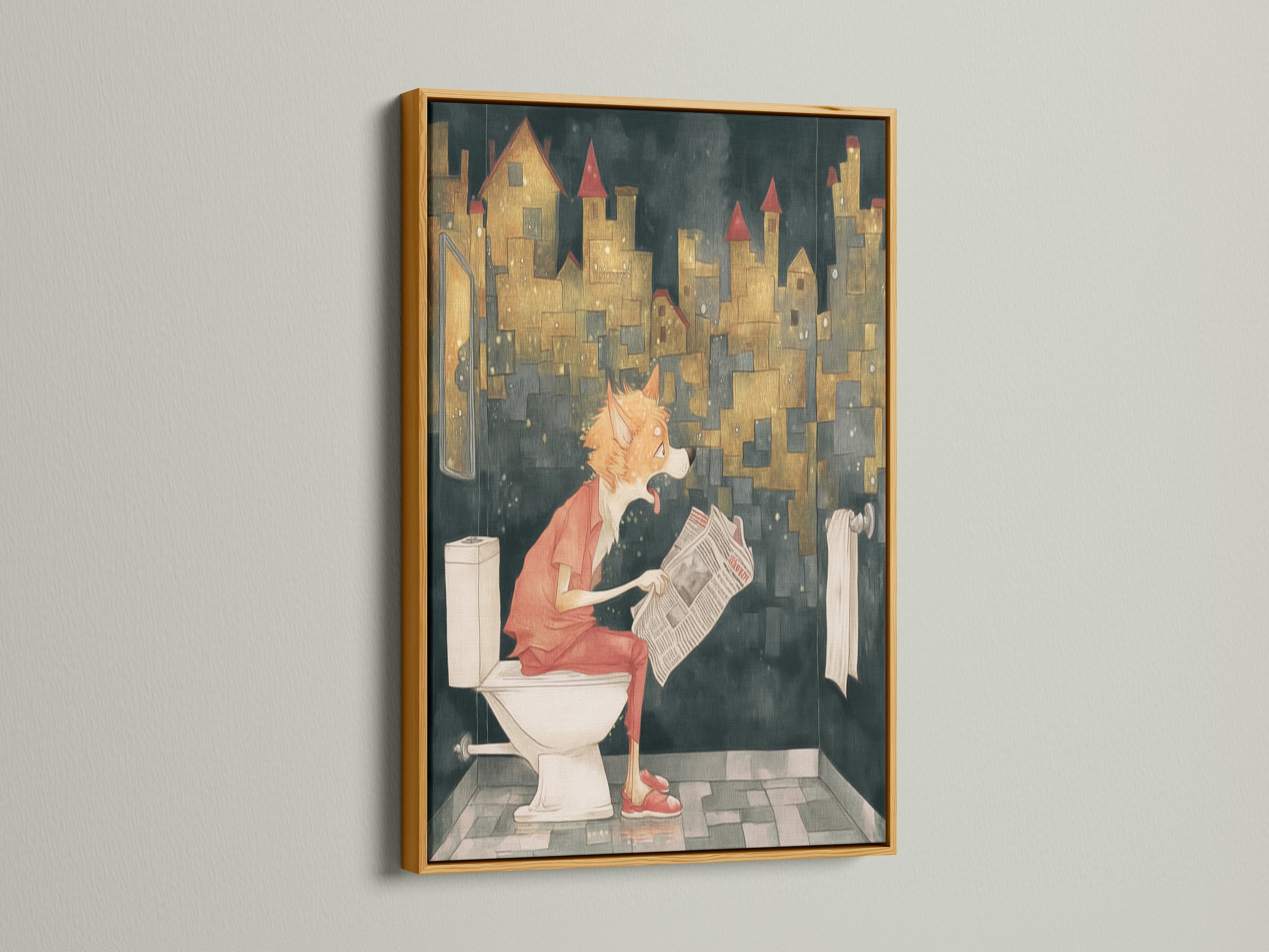 Funny Dog Canvas Print in a gold frame. This unique artwork features a dog reading a newspaper. It is a fun and quirky piece of restroom decor. It adds a touch of humor and sophistication with its gold frame. Perfect for eclectic spaces.