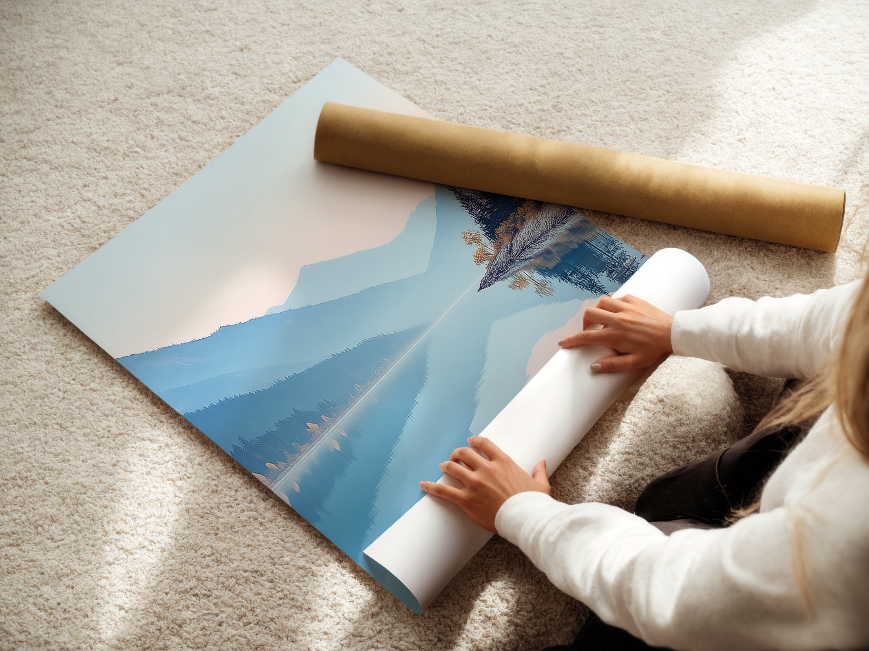 A woman is carefully rolling a fine art poster paper. This ensures the mountain lake artwork remains pristine. Perfect for serene nature landscape photography prints. The pastel blue wall art will arrive in excellent condition. Ideal for calming bedroom wall decor. It guarantees quality.