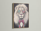 A charming lion artwork with glasses and a bow tie. The artwork is presented in an oak frame. It would be great whimsical wall art for your office or study room. Perfect for animal art lovers