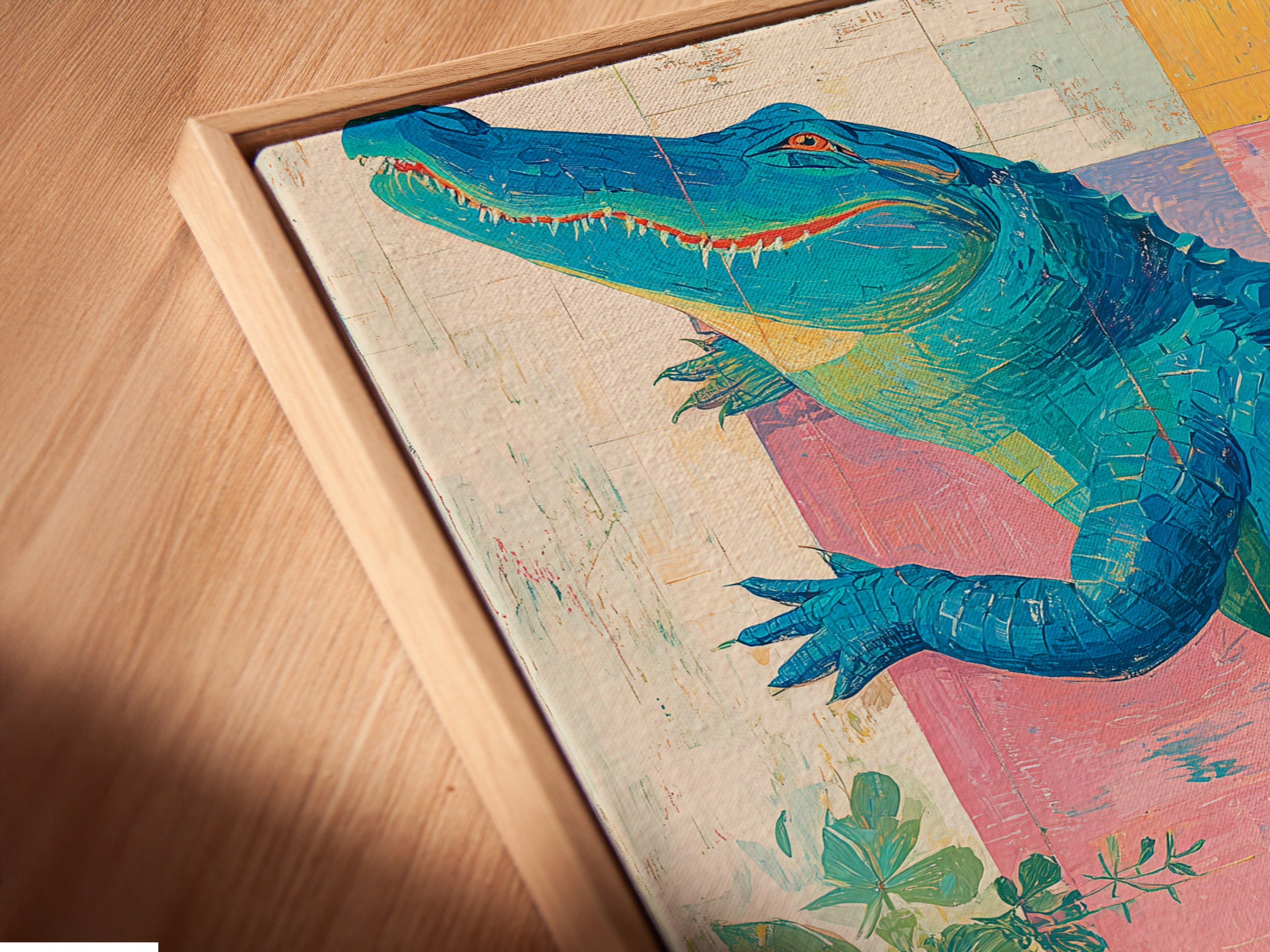 A close-up view shows a canvas print in a floating frame. The alligator artwork appears to hover. This adds a modern touch. A unique way to display your tropical or coastal artwork.