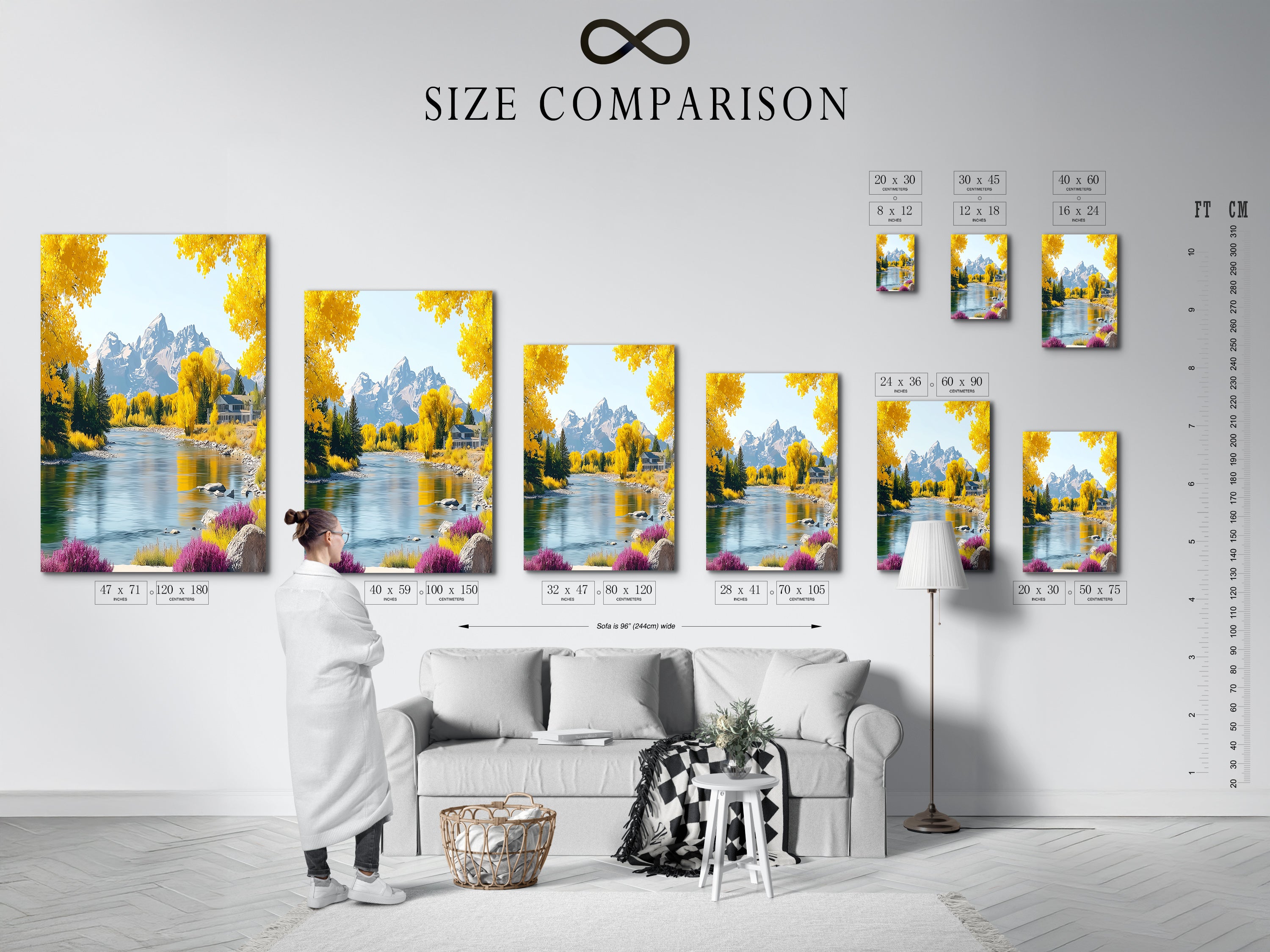 This size comparison chart showcases the mountain river artwork in various dimensions. See how the autumn landscape with yellow trees fits in different interior spaces. This helps you visualize the perfect wall decor for your home.