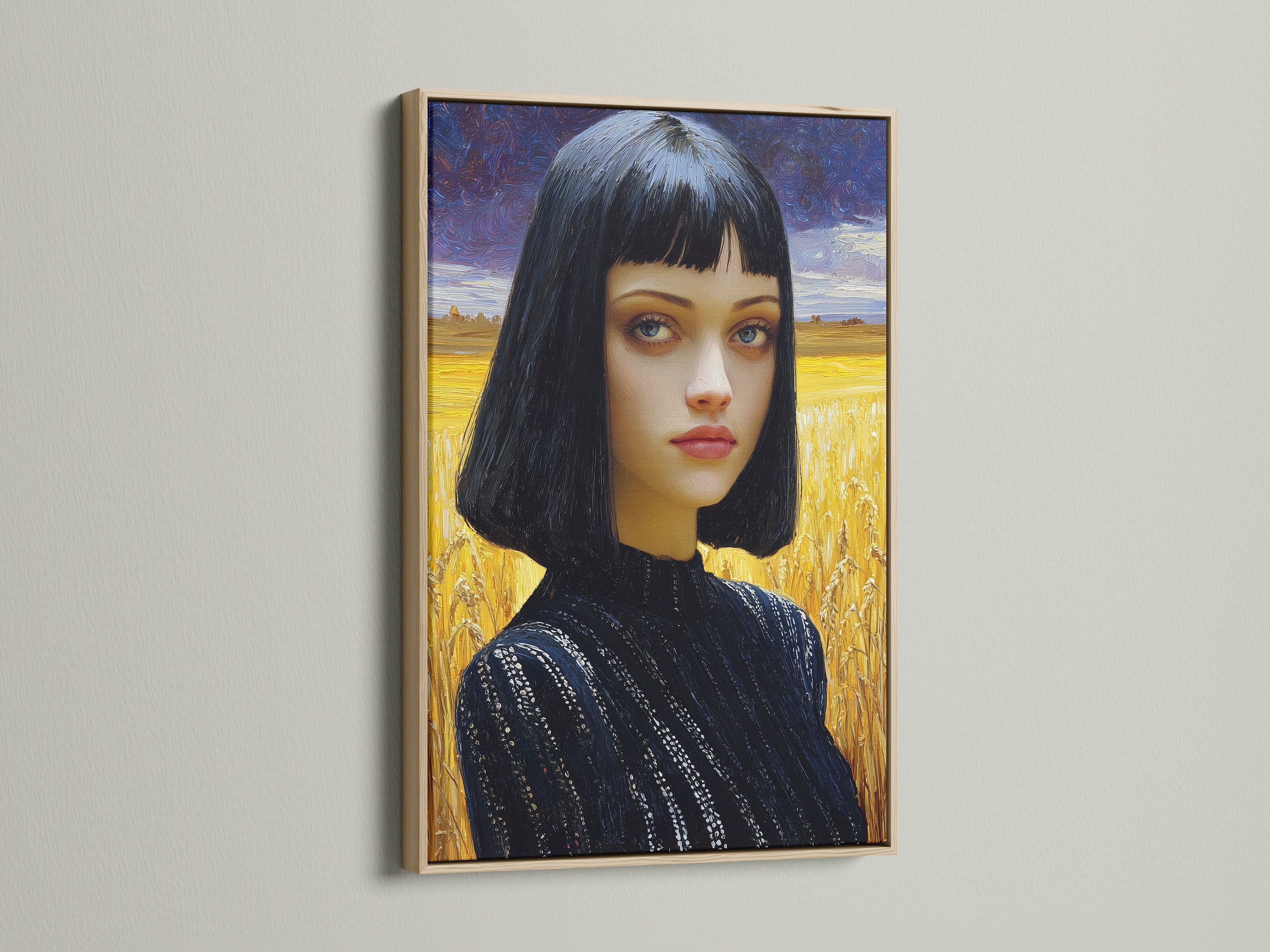 Gothic portrait art in an oak frame. The dark moody art enhances this contemporary woman painting. Ideal bedroom wall decor for gothic artwork fans. A modern portrait art piece.