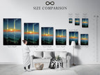A size comparison chart displayed in an interior setting. See how different sizes of our mountain art fit your space. Visualize the impact of teal wall art and orange decor. Find the perfect fit for your home.