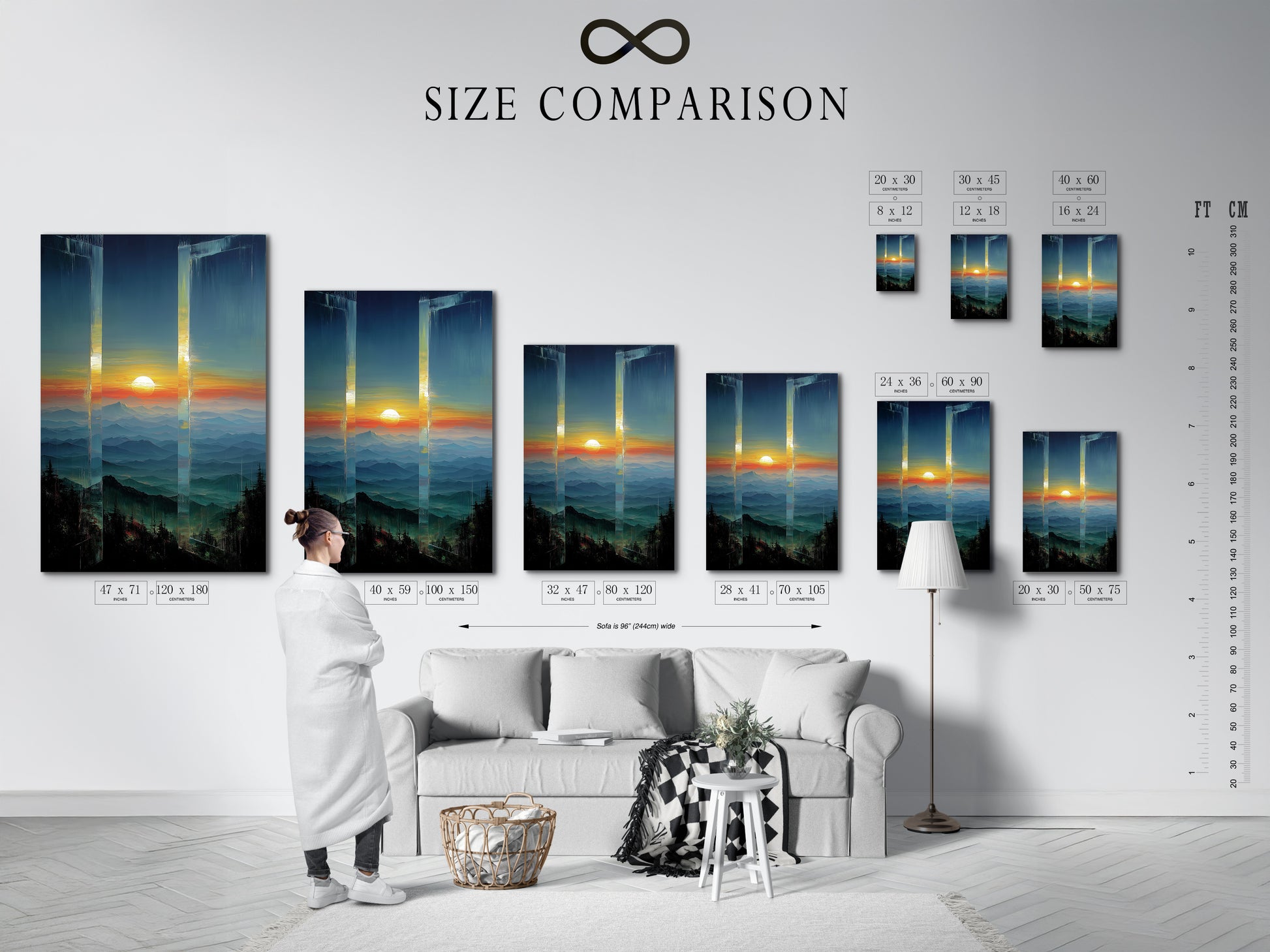 A size comparison chart displayed in an interior setting. See how different sizes of our mountain art fit your space. Visualize the impact of teal wall art and orange decor. Find the perfect fit for your home.