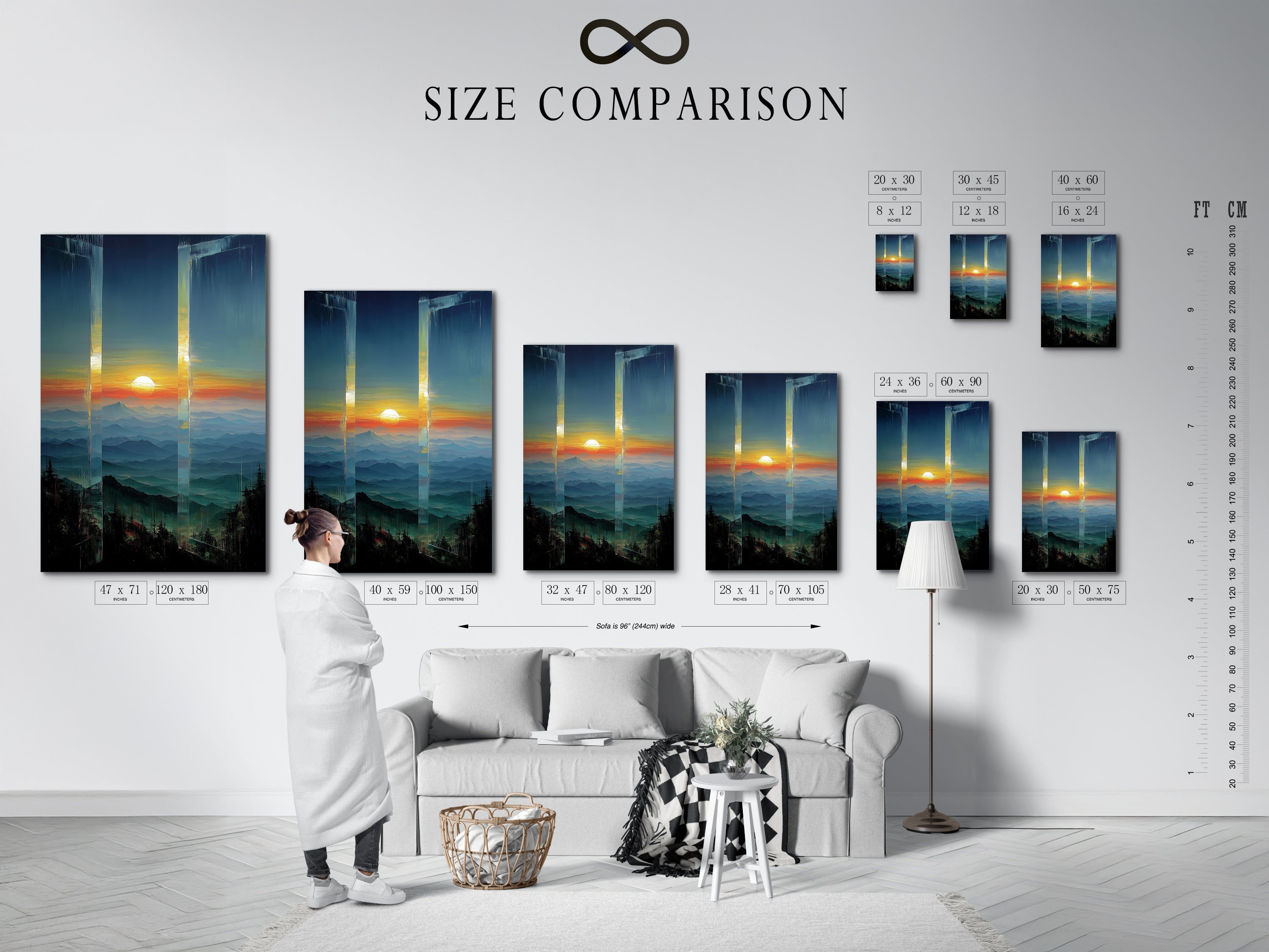 A size comparison chart displayed in an interior setting. See how different sizes of our mountain art fit your space. Visualize the impact of teal wall art and orange decor. Find the perfect fit for your home.