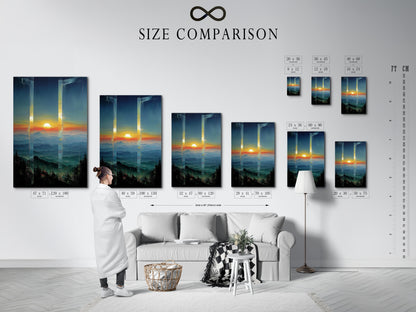 A size comparison chart displayed in an interior setting. See how different sizes of our mountain art fit your space. Visualize the impact of teal wall art and orange decor. Find the perfect fit for your home.
