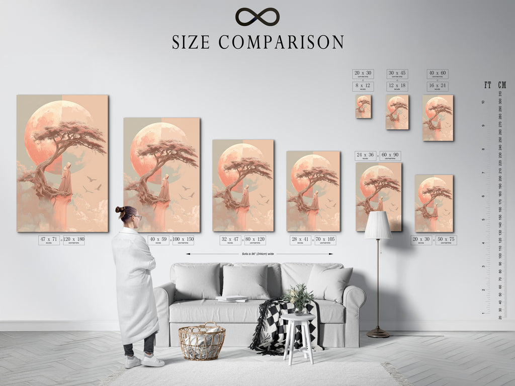 Size comparison chart in an interior setting featuring Zen Tree art. See how this peaceful wall art fits in your space. Perfect for planning your meditation decor. Enhance your bedroom or living room.