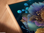 Angled close-up of a floral canvas print in a floating frame. The teal and gold botanical artwork adds a modern touch. This flower artwork is perfect for a bedroom. Shop now and elevate your space!