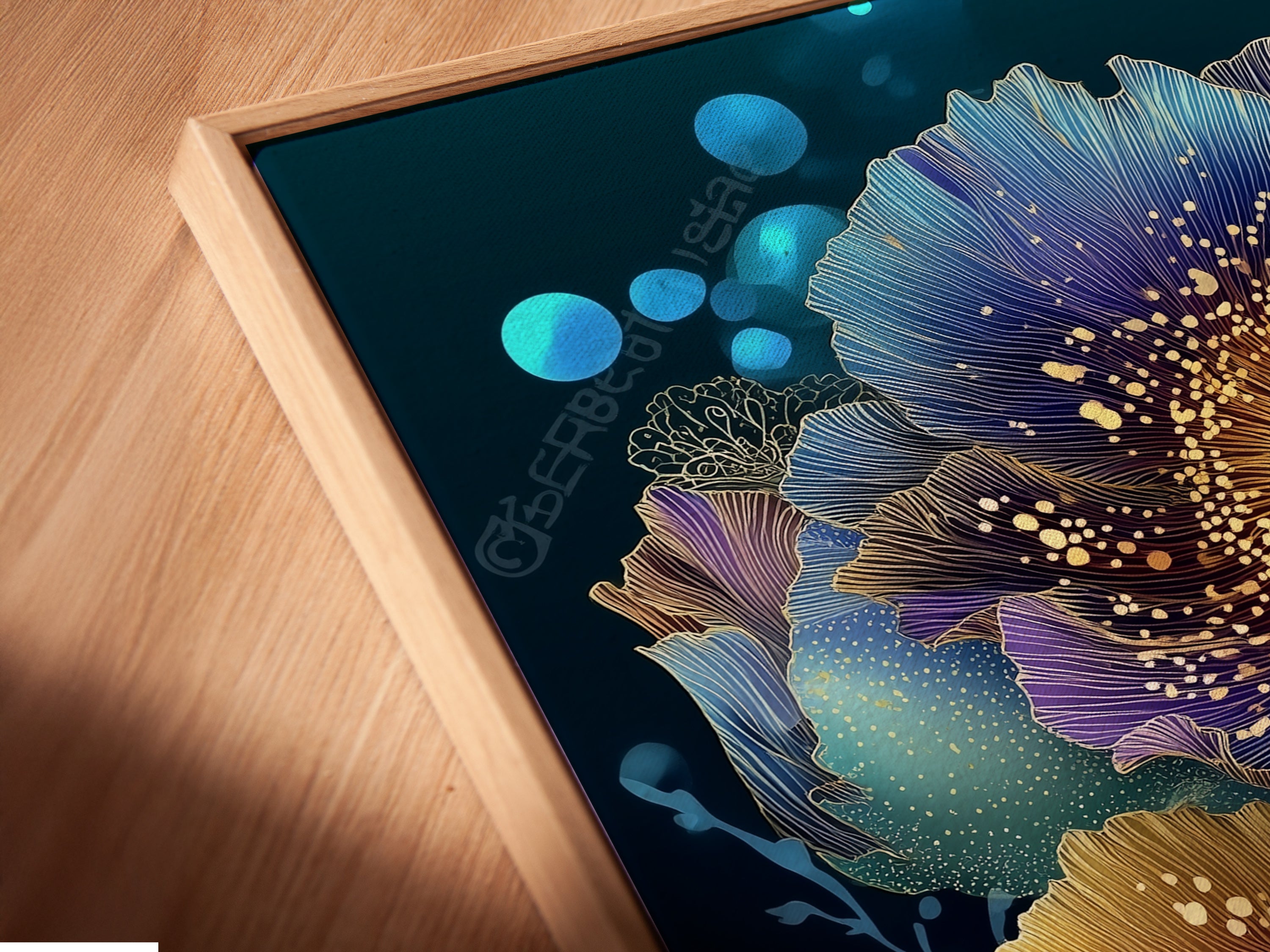 Angled close-up of a floral canvas print in a floating frame. The teal and gold botanical artwork adds a modern touch. This flower artwork is perfect for a bedroom. Shop now and elevate your space!
