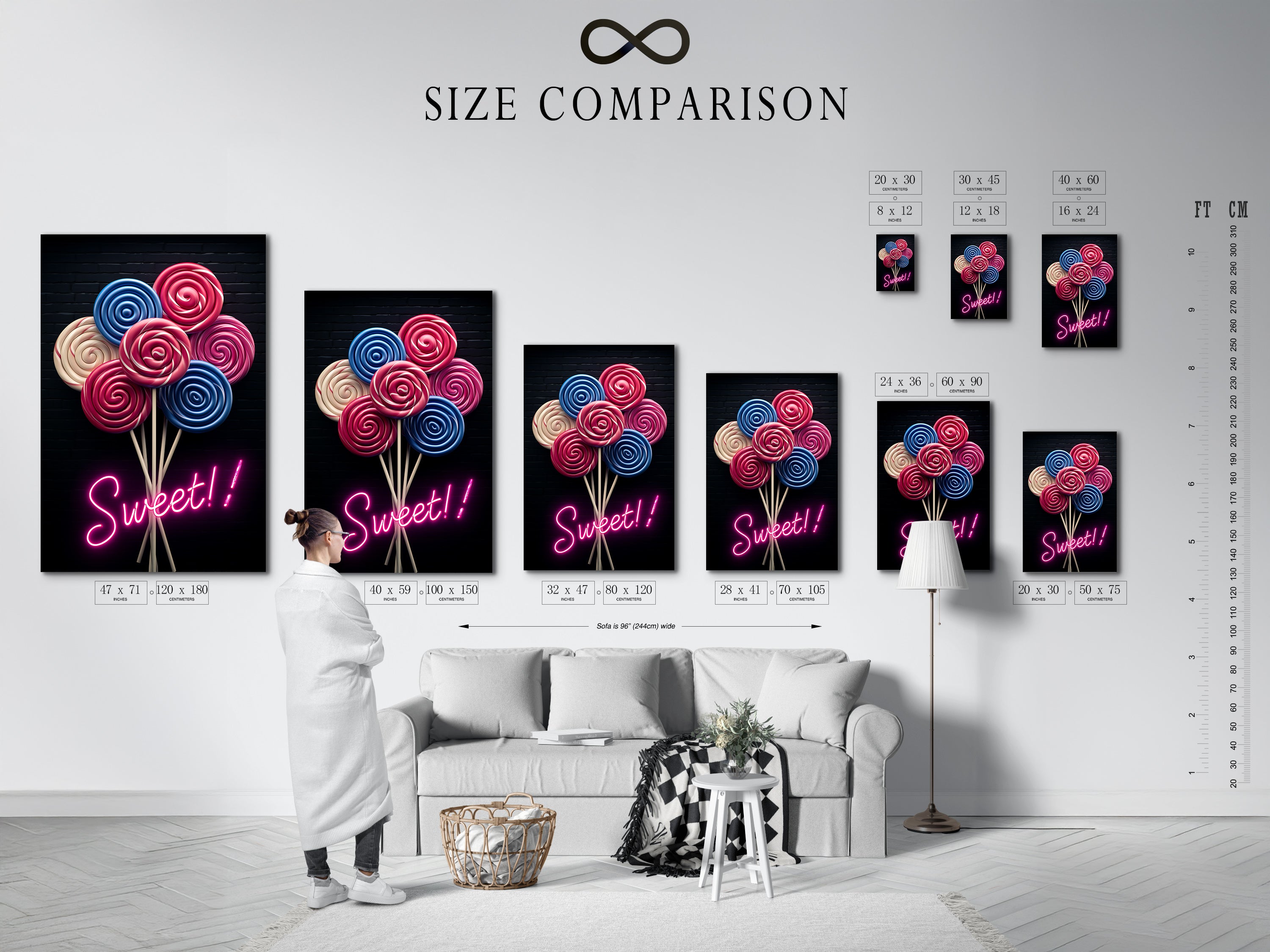 A size comparison chart shows the Lollipop Candy Artwork in various sizes. See how the art fits in different interior spaces. Choose the perfect size for your playroom wall art. Sizes are displayed in an interior setting.