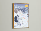 Skiing Mountain canvas print with a gold frame. This winter sport artwork exudes luxury and style. The snowy landscape poster is a glamorous addition to any space. The gold frame enhances the artwork's beauty. Perfect for living rooms bedrooms and offices. Elevate your decor with this stunning piece.