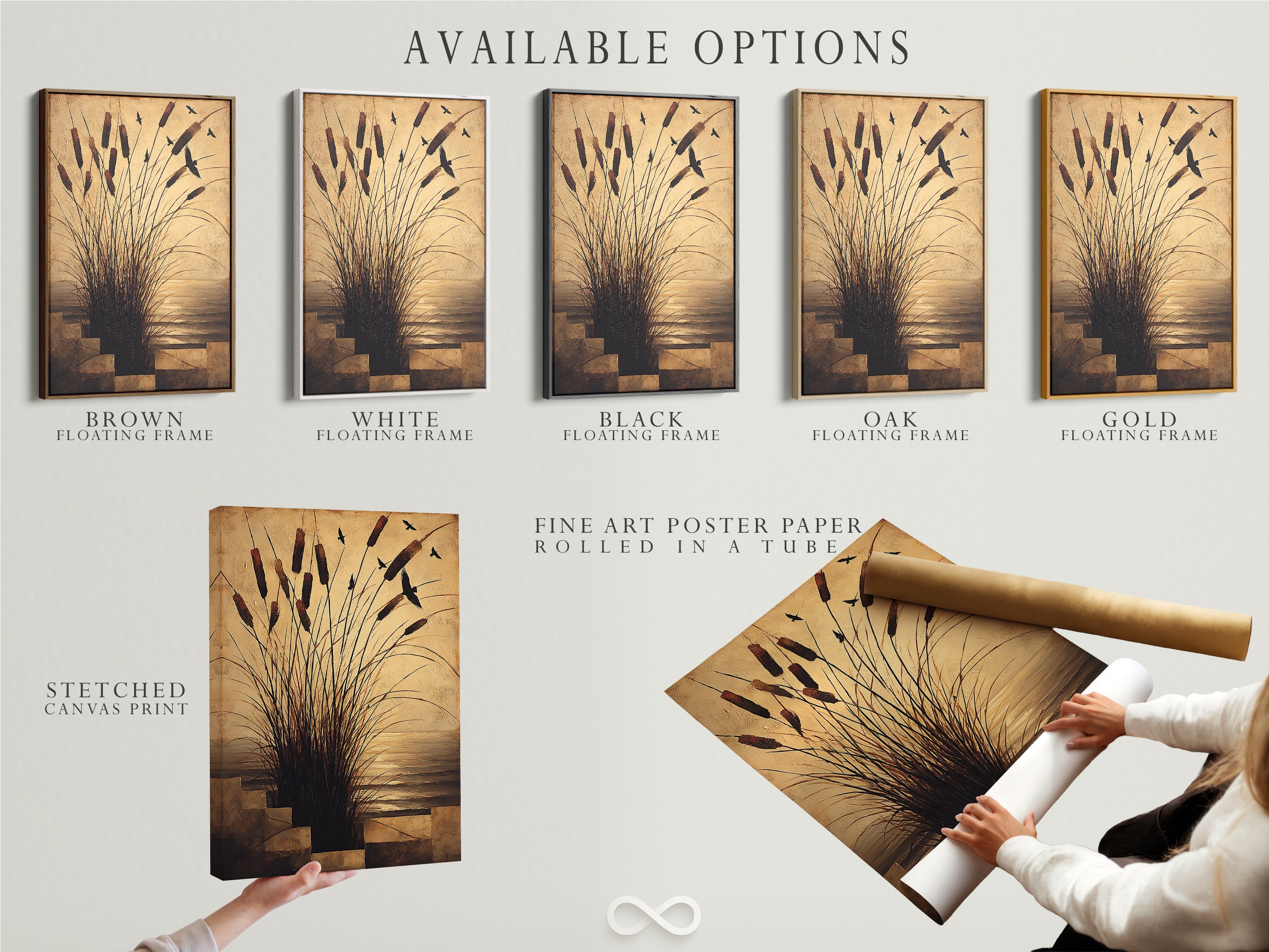 Available options for the cattails artwork: stretched canvas print fine art poster paper and floating frame. Customize your coastal wall art to fit your style. Enhance your home with neutral prints.