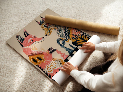 A woman is carefully rolling a fine art poster paper. This shows the delicate handling of the fox chess game artwork. This ensures it arrives in pristine condition. Ready to be framed and enjoyed in your home.