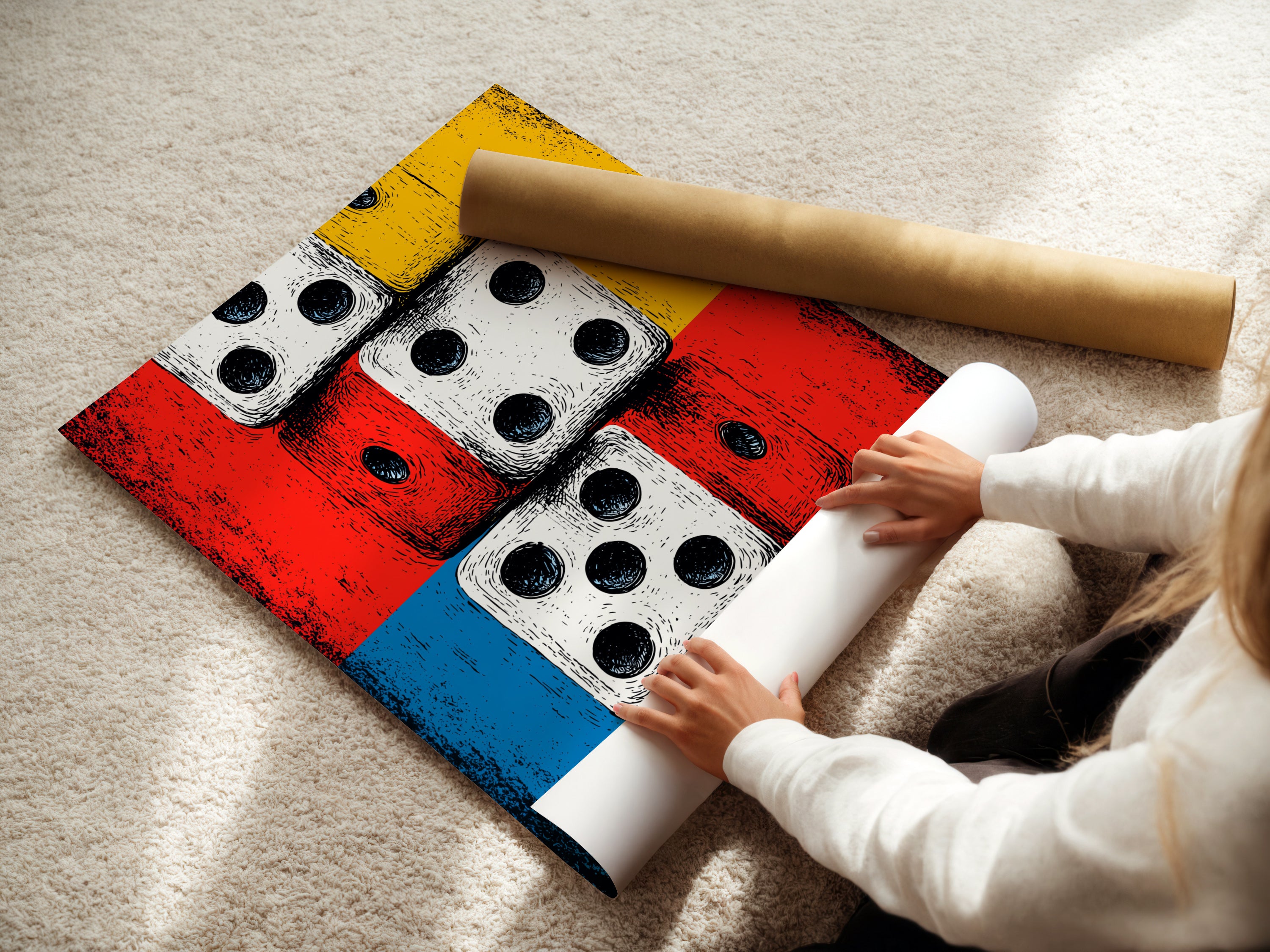 A woman is carefully rolling fine art poster paper. This showcases the care in producing high-quality prints. The artwork is perfect for modern eclectic or vintage spaces. This piece is ideal for adding a touch of retro flair to any room. The primary colors are red and yellow.