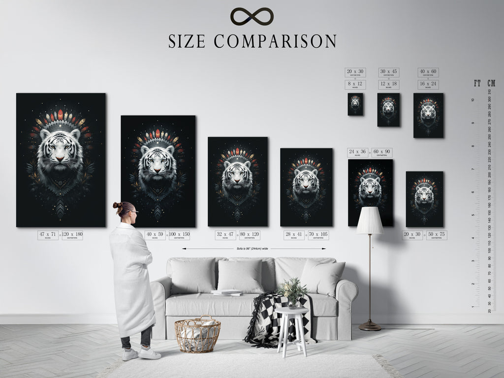 A size comparison chart is displayed in an interior setting. Helping you visualize the perfect dimensions for your space. Featuring the mystical white tiger artwork. Choose the ideal size to complement your bohemian or eclectic decor.