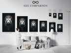 A size comparison chart is displayed in an interior setting. Helping you visualize the perfect dimensions for your space. Featuring the mystical white tiger artwork. Choose the ideal size to complement your bohemian or eclectic decor.