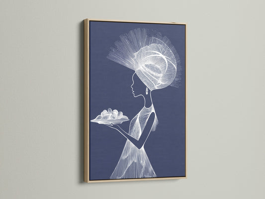This artwork features an oak frame. The oak frame enhances the artwork's beauty. The art depicts a woman in profile with a decorative headdress. This frame style is ideal for contemporary spaces. The oak offers a natural and warm aesthetic touch.