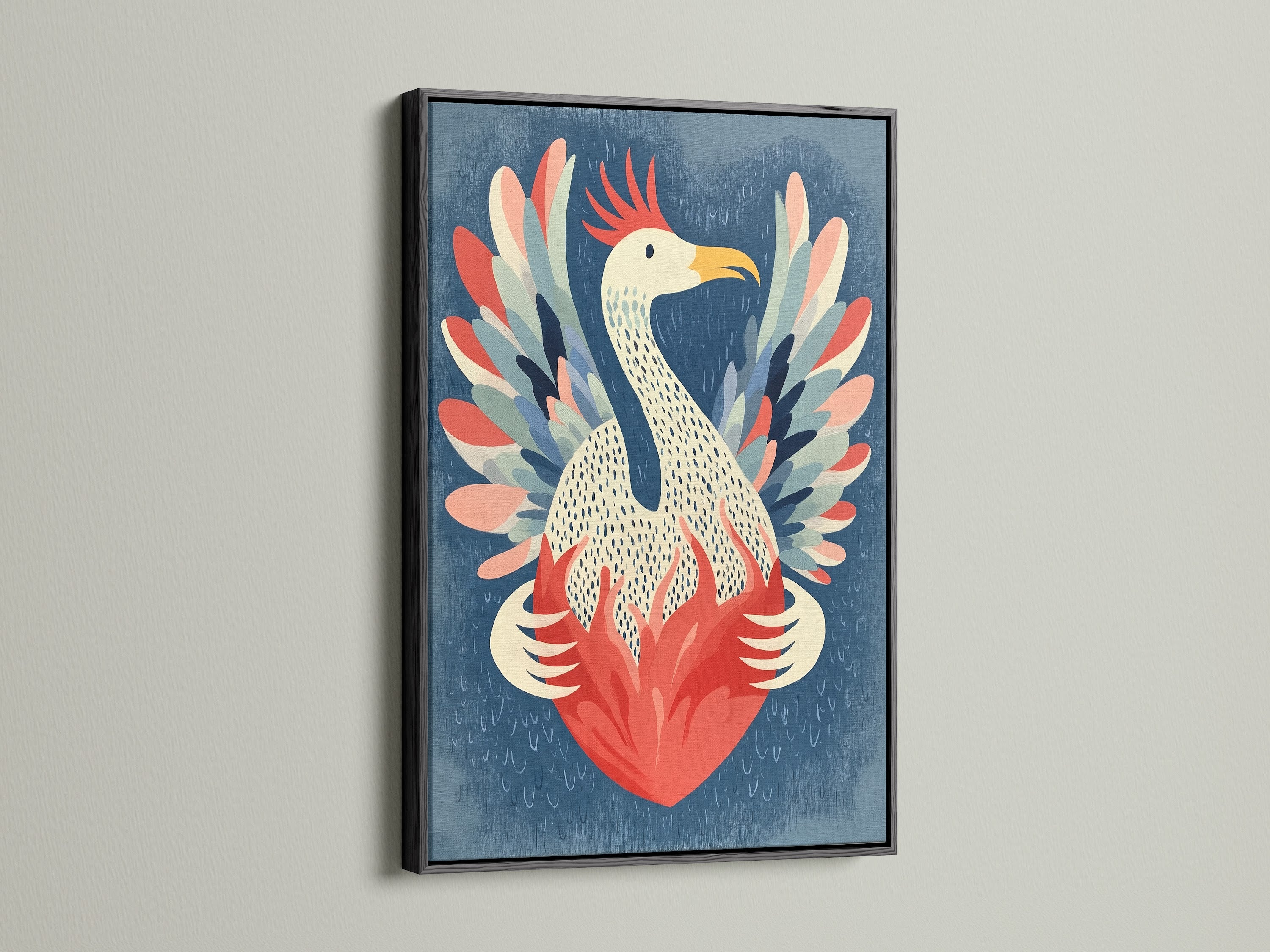 Phoenix wall art with a black frame. The black frame makes the art pop. This bird canvas art is perfect for a study room. The mythical art is ideal for any space.