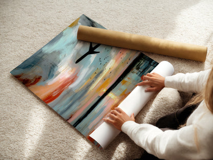 A woman is carefully rolling a fine art poster paper. She is preparing the airplane art for shipping. This aviation print is perfect for travel enthusiasts. High-quality abstract wall art for your home or office. Enjoy the sunset reflection artwork.
