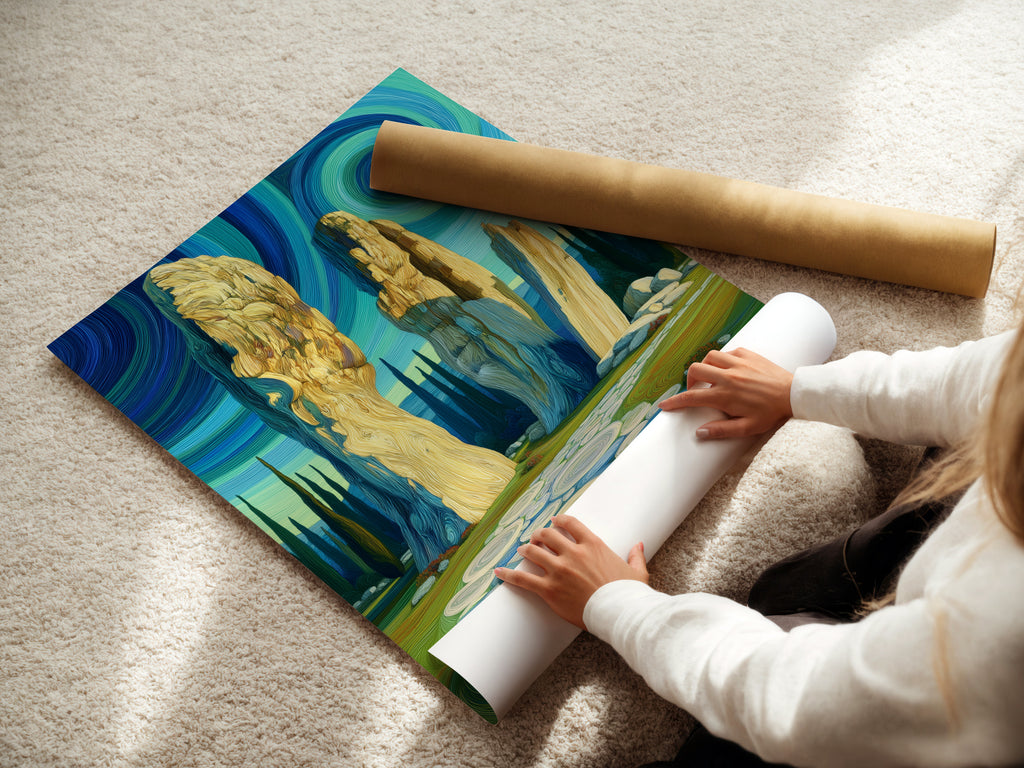 A woman is carefully rolling a fine art poster paper. The paper features a Celtic mystical landscape artwork. The artwork shows an ancient stone circle beneath a swirling sky. This poster is ideal for those who appreciate spiritual artwork.
