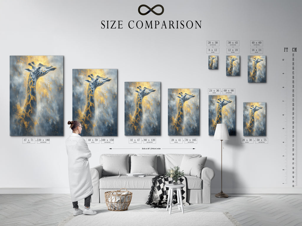 A size comparison chart is displayed in an interior setting. See how the giraffe artwork fits in various room sizes. Choose the perfect size for your living room wall art. Visualize your animal canvas today.