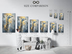 A size comparison chart is displayed in an interior setting. See how the giraffe artwork fits in various room sizes. Choose the perfect size for your living room wall art. Visualize your animal canvas today.