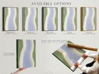 Available options for the abstract river artwork. Choose from a stretched canvas print fine art poster paper or floating frame. Each option enhances the modern organic flow print. Elevate your space with our versatile artwork.
