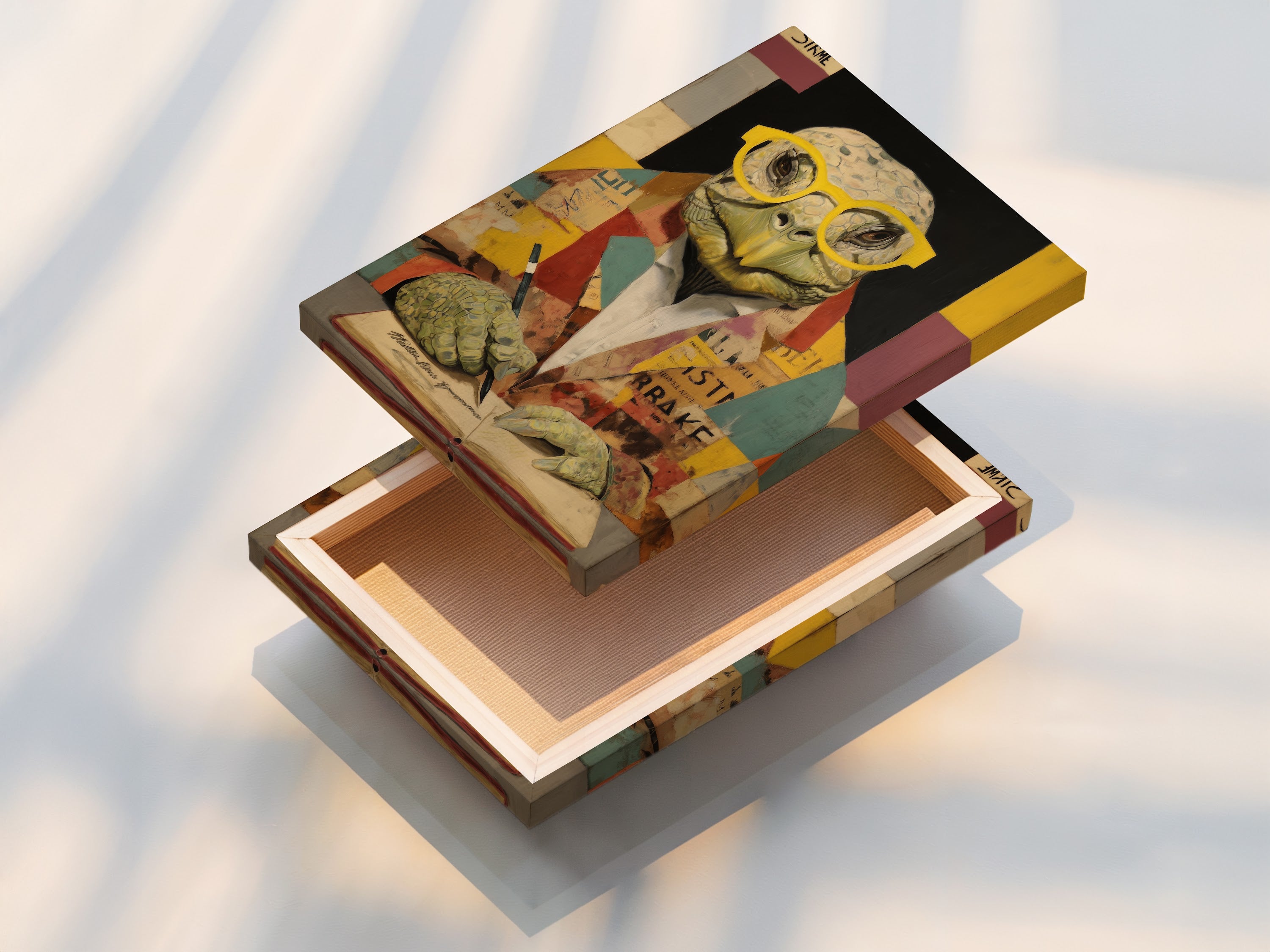 A stretched canvas print of the Turtle Scholar Art Print. The vintage animal art is ready to hang. This quirky wall decor is perfect for adding character. This scholar artwork enhances study rooms libraries and offices. Its art deco style fits various spaces.