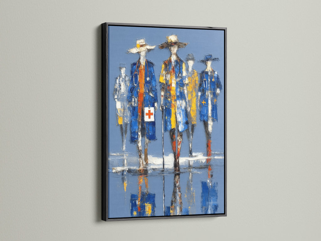 Black frame presents medical heroes artwork. This abstract doctor painting is striking. It enhances medical office decor. The healthcare heroes art is ideal for hospital wall art.