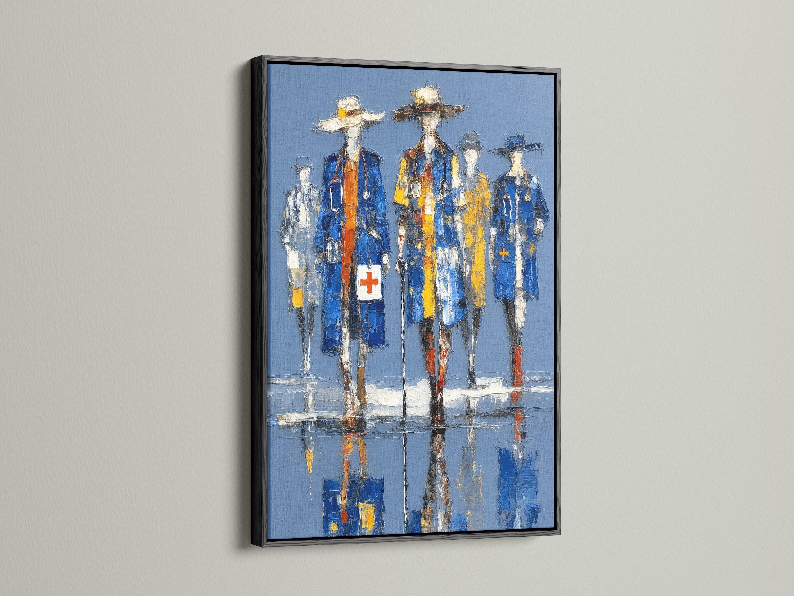 Black frame presents medical heroes artwork. This abstract doctor painting is striking. It enhances medical office decor. The healthcare heroes art is ideal for hospital wall art.