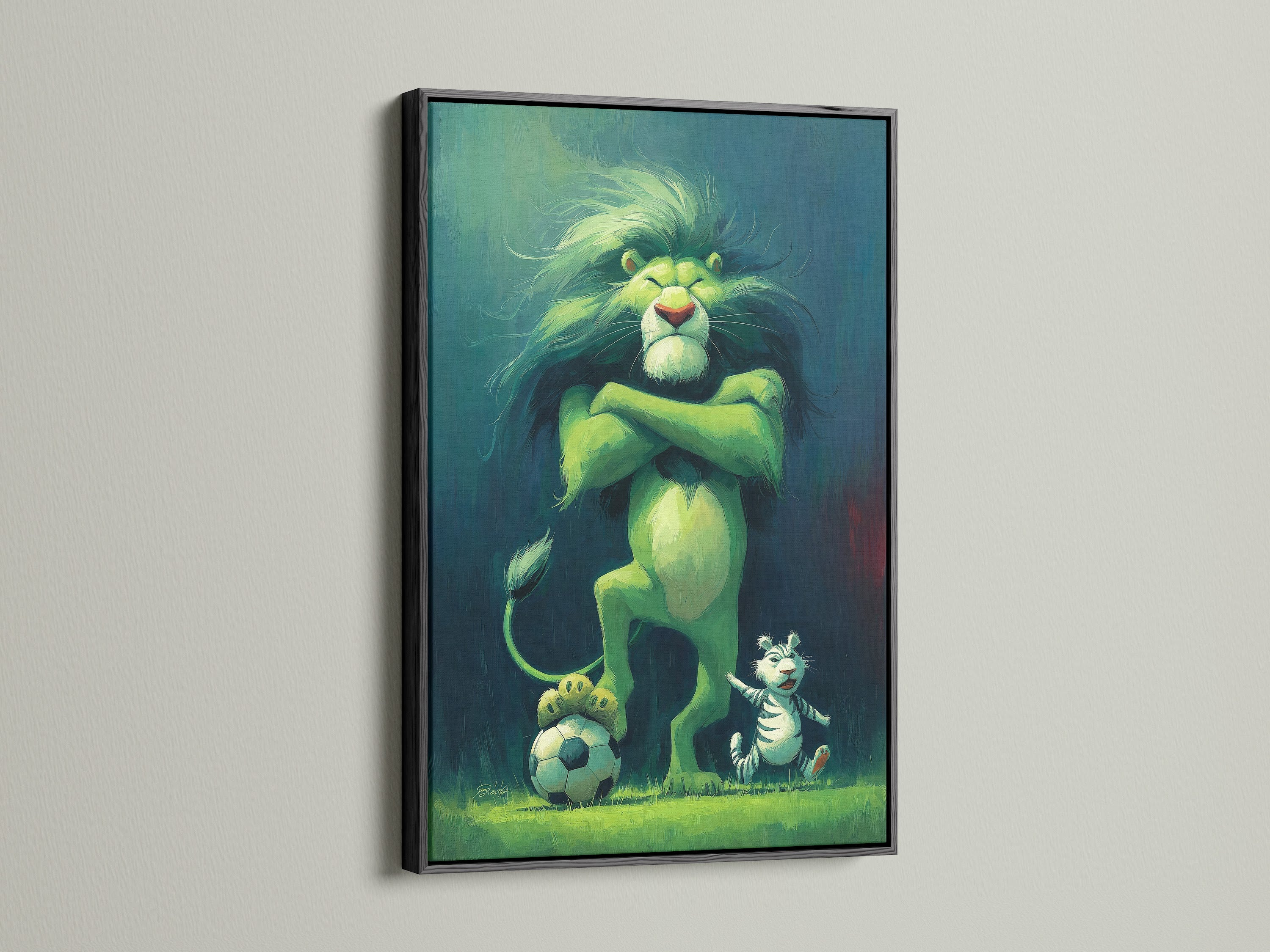 The black frame adds a touch of sophistication to the Lion King Simba artwork. Ideal for a stylish nursery or kids room. The contrasting black frame makes the artwork pop. It brings a bold statement to the wall.