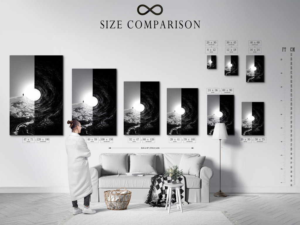 An interior setting features a size comparison chart. This chart helps customers visualize artwork dimensions. It shows how different sizes look in a living space. Choose the perfect size to complement your interior decor.