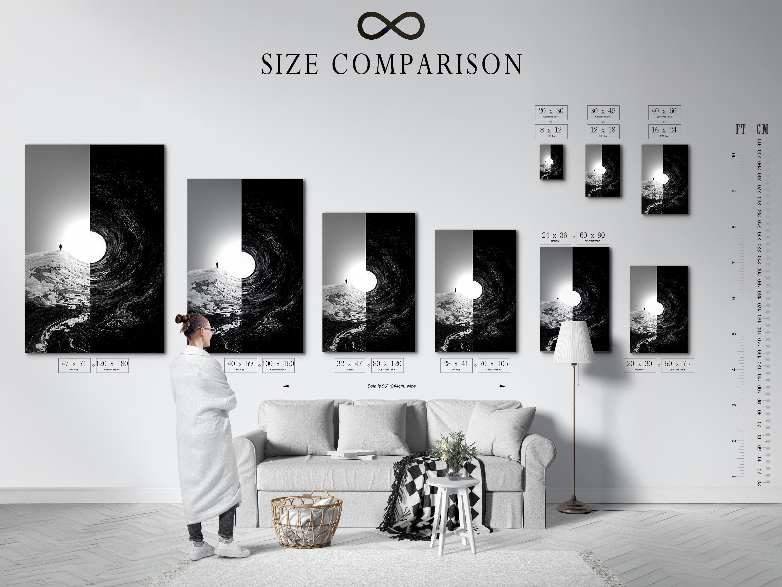 An interior setting features a size comparison chart. This chart helps customers visualize artwork dimensions. It shows how different sizes look in a living space. Choose the perfect size to complement your interior decor.