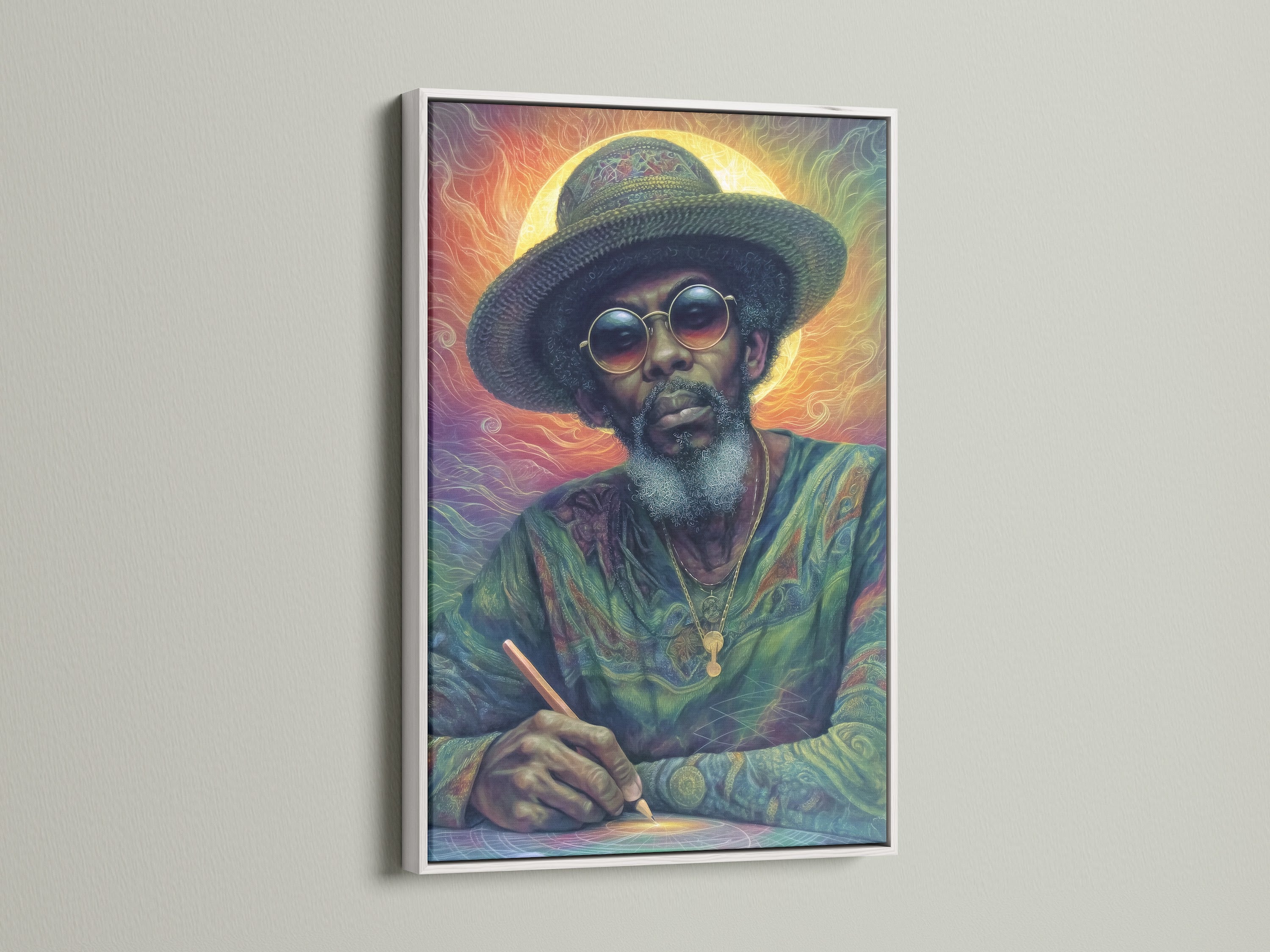 This psychedelic portrait artwork is showcased in a white frame. The colorful Rastafarian wall art adds a fresh touch to any space. It enhances bohemian and eclectic decor styles. This spiritual man print brings a vibrant energy.