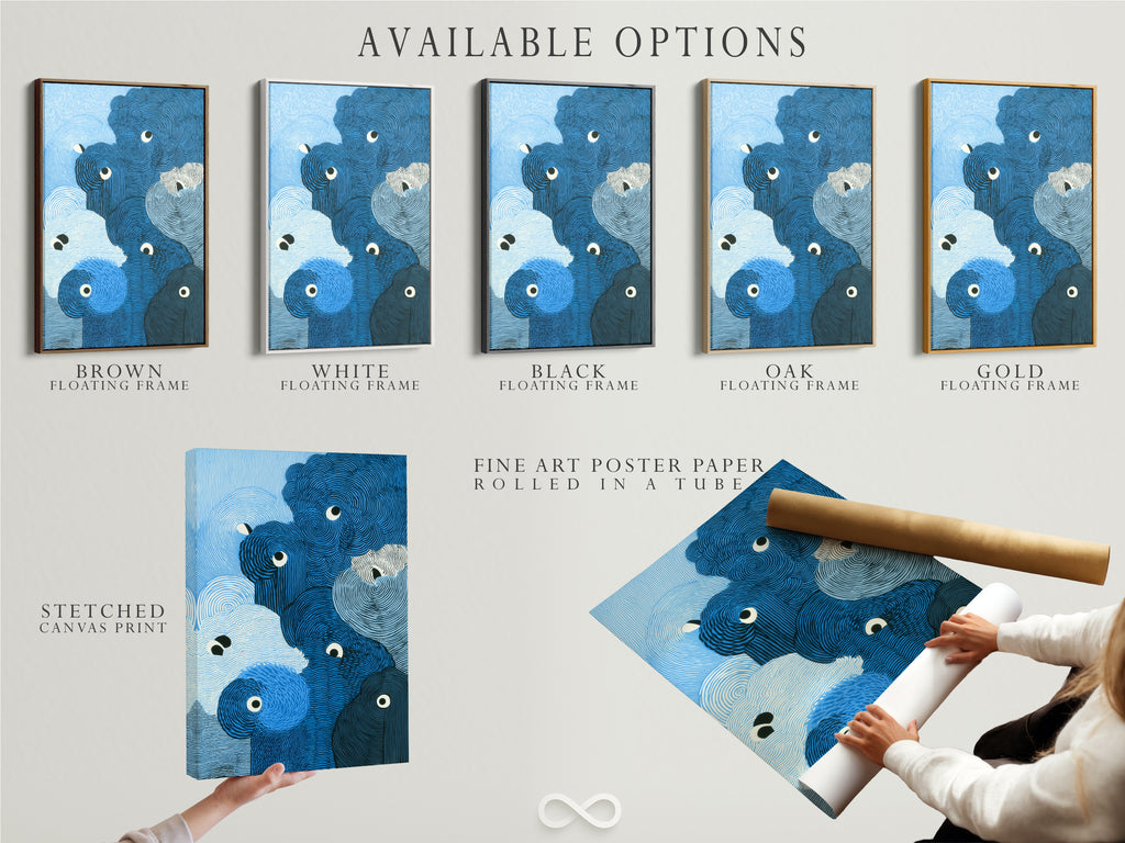 Available options are displayed: stretched canvas print fine art poster paper and floating frame. Choose your preferred format for the abstract wave artwork. The blue ocean print and modern swirl art. Each option offers a unique way to showcase nautical wall art.