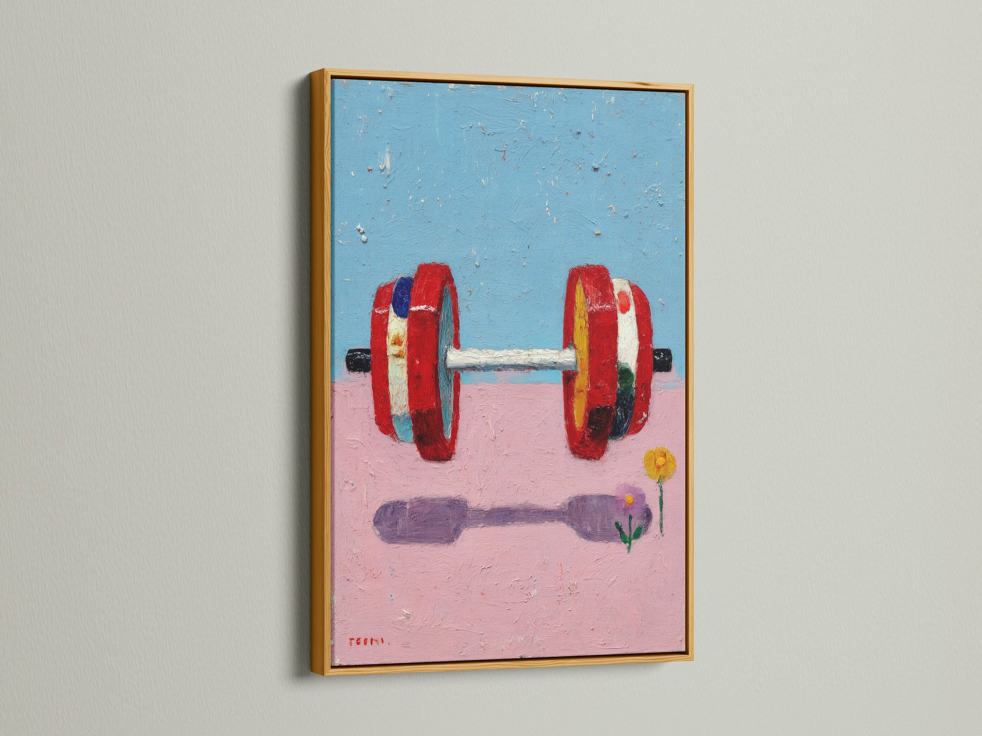 Elevate your gym wall decor with this fitness art print. It is displayed in a luxurious gold frame. The dumbbell artwork adds a touch of sophistication to your workout space. The abstract design features pink and blue hues. This canvas print is perfect for home gym or fitness studio.